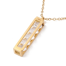 Clear Cubic Zirconia Beaded Rectangle Pendant with 304 Stainless Steel Cable Chains for Women