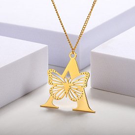 18k Gold Plated Stainless Steel Butterfly Alphabet Pendant Necklace - 26 Letters, Hollow Out Design