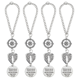 4 Décorations de pendentifs en alliage pour voiture (pièces), rond plat avec un mot, une aile en forme de cœur et une boussole