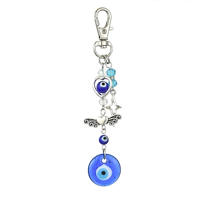 Blue Flat Round with Evil Eye Lampwork Pendant Decorations, Alloy Star/Heart Charm and Swivel Lobster Claw Clasps Hanging Ornaments