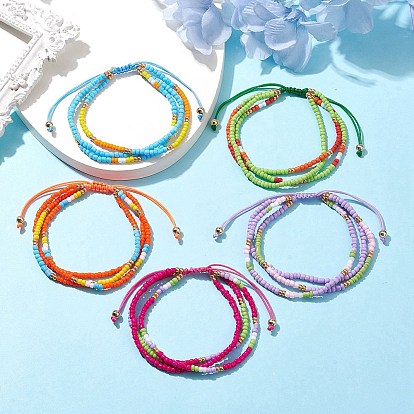 Adjustable Glass Seed Beaded Triple Layer Multi-strand Bracelet, Nylon Cord Braided Bead Bracelets