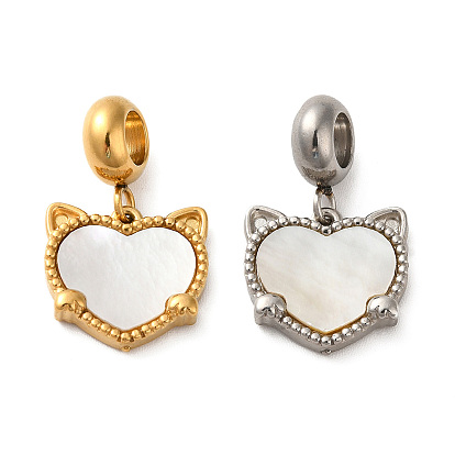 304 Stainless Steel European Dangle Charms, Large Hole Pendants with Heart Shaped White Shell, Cat Head