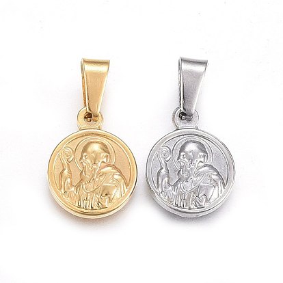 304 Stainless Steel Pendants, Flat Round with Cross God Father Religious Christianity, with Word CssmlNdsmd