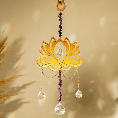 Lotus Flower Pendant Decorations, Hanging Sun Catchers, with Natural Amethyst Chips and Crystal Teardrop Glass