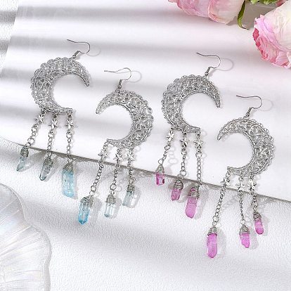 2 пары серег-подвесок из натурального лунного кварца, с железным звеном и 304 крючками из нержавеющей стали, платина, слева и справа