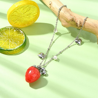 Shell Pearl & Resin Red Strawberry Pendant 304 Stainless Steel Satellite Chain Necklaces for Women