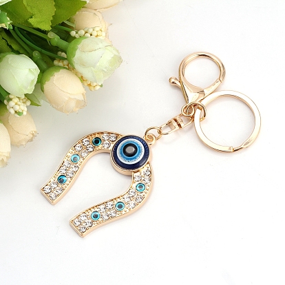 Alloy Rhinestone Keychains, with Evil Eye Horseshoe Pendants