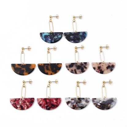 Cellulose Acetate(Resin) Semi Circle Dangle Stud Earrings, with Brass Linking Rings, 304 Stainless Steel Stud Earring Findings and Ear Nuts, Golden