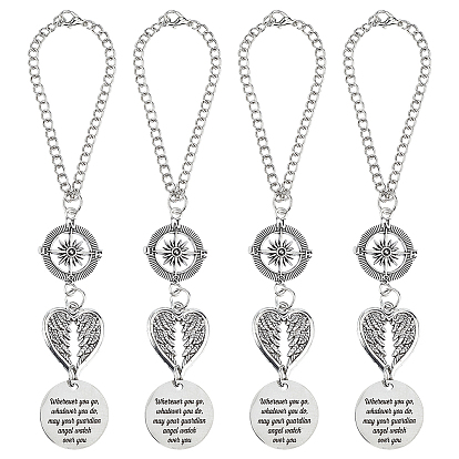 4 Décorations de pendentifs en alliage pour voiture (pièces), rond plat avec un mot, une aile en forme de cœur et une boussole