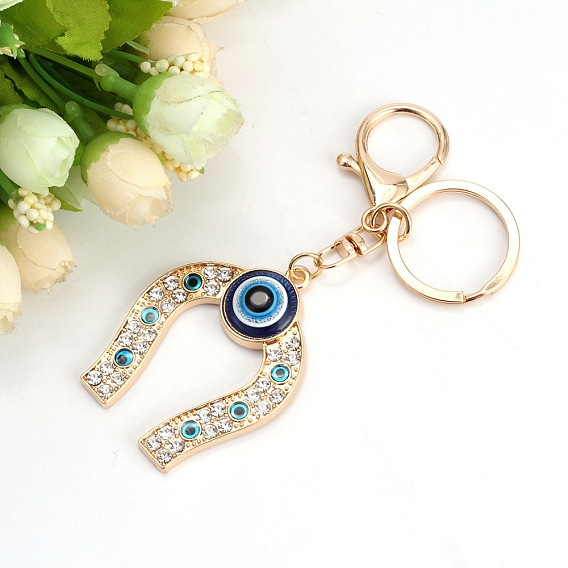 Alloy Rhinestone Keychains, with Evil Eye Horseshoe Pendants