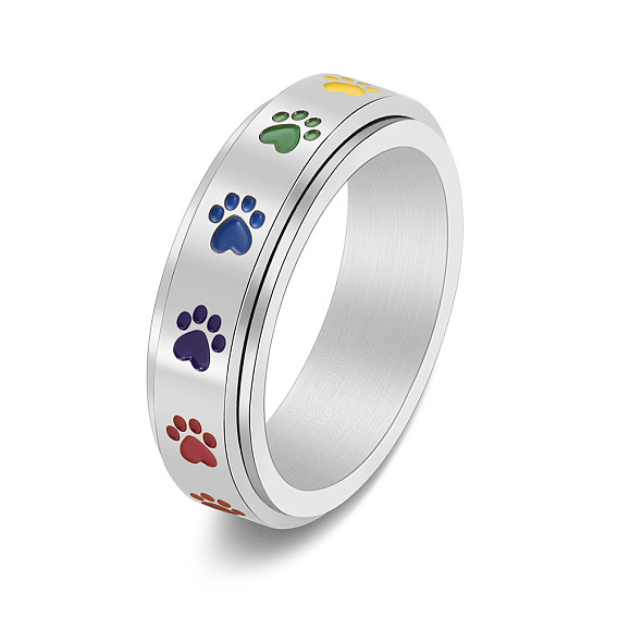 Rainbow Color Pride Flag Enamel Dog Paw Print Rotating Ring, Stainless Steel Fidge Spinner Ring for Stress Anxiety Relief