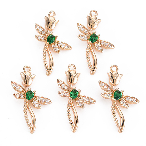 Rack Plating Brass Micro Pave Clear Cubic Zirconia Pendants, with Faceted Glass, Long-Lasting Plated, Cadmium Free & Lead Free, Dragonfly with Flower
