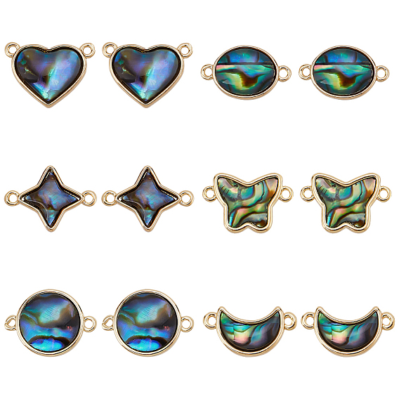 12 шт 6 стили paua shell соединительные подвески, с латунной фурнитурой , сердце и бабочка и плоский круглый, разнообразные