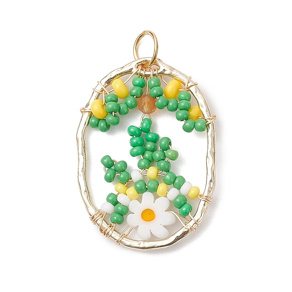 Овальные стеклянные бусины с цветочными подвесками, с фурнитурой из сплава и 304 открытыми соединительными кольцами из нержавеющей стали