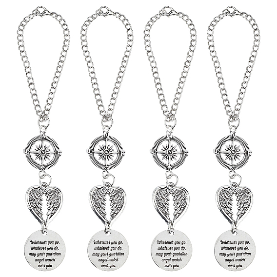 4Pcs Alloy Car Pendant Decorations, Flat Round with Word & Heart Wing & Compass