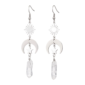 Boucles d'oreilles pendantes en cristal de quartz naturel brut, boucles d'oreilles breloques soleil et lune en acier inoxydable et laiton pour femme