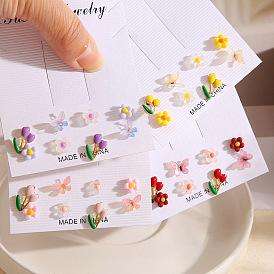 Colorful Fruit Butterfly Flower Earrings Set - Creative Crystal Studs in Card Packaging (8 Pieces)