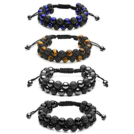 Natural Tiger Eye Stone Double Row Bracelet with Volcanic Black Gallstone Beads, Adjustable Dual-layer Wristband