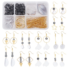 SUNNYCLUE 152Pcs Petal & Leaf Acrylic Pendants, Round Frosted Glass Beads, 304 Stainless Steel Pendants, Brass Linking Rings & Earring Hooks, for DIY Gray Style Earrings Kits