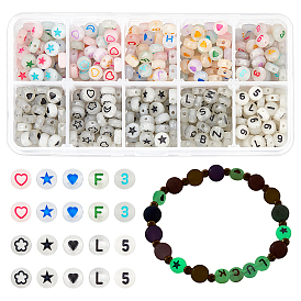750pcs 10 style leuchtende Acrylperlen, flach rund mit Herz & Zahl & Buchstabe & Blume