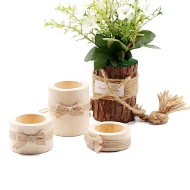 Round Wood Candle Holders with Jute Bowknot, Column Candlestick