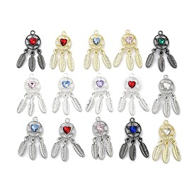 Rack Plating Alloy Rhinestone Pendants, Lead Free & Cadmium Free & Nickel Free, Woven Net/Web with Feather