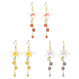 3 Pairs Acrylic & Brass Dangle Earrings for Women, Flower, Golden