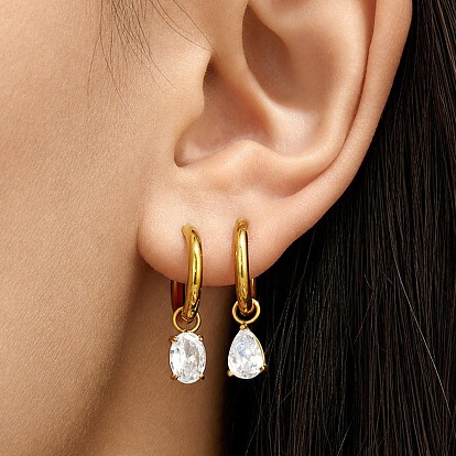 316L Surgical Stainless Steel Pave Single Clear Cubic Zirconia Hoop Dangle Earrings, Real 18K Gold Plated