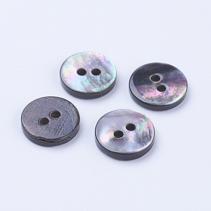 Natural Black Lip Shell Buttons, 2-Hole, Flat Round