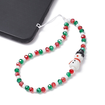Christmas Glass Beaded Mobile Straps, with Lampwork Beads, Nylon Thread Mobile Accessories Decoration, Snowman
