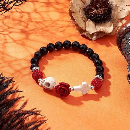 Браслеты из натурального черного оникса и синтетической бирюзы с бусинами для женщин, окрашенные и подвергнутые термической обработке в стиле Хэллоуин, череп, роза и крест, с полимерной глиной горный хрусталь