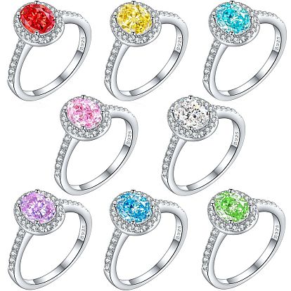 925 Кольца с простой полосой из стерлингового серебра с микропаве и кубическим цирконием, Реальная платина, овальные