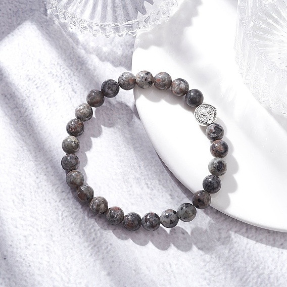 Браслеты из натуральных флуоресцентных бусин сиенита для женщин и мужчин, с плоским кругом из сплава и бусиной святого Бенедикта