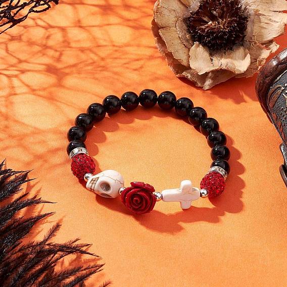 Браслеты из натурального черного оникса и синтетической бирюзы с бусинами для женщин, окрашенные и подвергнутые термической обработке в стиле Хэллоуин, череп, роза и крест, с полимерной глиной горный хрусталь