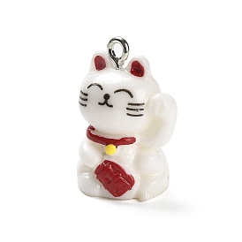Opaque Resin Pendants, Cute Lucky Cat Charms with Platinum Plated Iron Loops