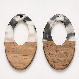 Transparent Resin & Walnut Wood Pendants, Waxed, Oval