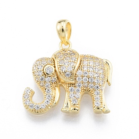 Ion Plating(IP) Brass Micro Pave Clear Cubic Zirconia Pendants, Real 18K Gold Plated, Elephant
