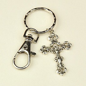 Tibetan Style Crucifix Cross Keychain, with Iron Key Clasp Findings and Alloy Swivel Clasps, For Easter, 100mm