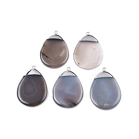 Natural Grey Agate Big Pendants, with Platinum Plated Brass Findings, Teardrop Charm