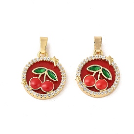 Rack Plating Brass Micro Pave Cubic Zirconia Pendants, Enamel Flat Round with Cherry Charms, Long-Lasting Plated