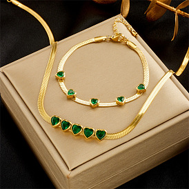 Green Heart CZ Bracelet and Snake Bone Necklace Set for Minimalist Luxury Look