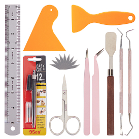 DIY Kit, with Stainless Steel Curved Tip Tweezers & Teeth Cleaning Tools & Ruler & Oil Painting Scraper Knife & Eyebrow Trimmer Scissor, Plastic Scraper Tool, Utility Knife Sets