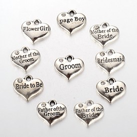 Breloques argent antique en alliage avec strass cardiaques et mot sculpté pour mariage, 13.5x16x3mm, trou: 2.5 mm, sur 10 pcs / set