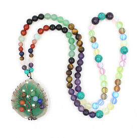Wire Wrap 7 Chakra Gemstone Tree of Life & Natural Agate Pendant Necklace, Mala Beads Sweater Chain Necklace for Women Men