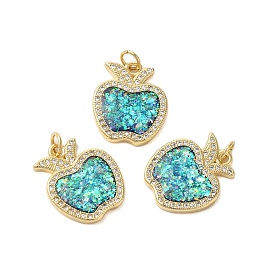 Brass Micro Pave Cubic Zirconia Pendants, with Synthetic Opal, Long-Lasting Plated, Lead Free & Cadmium Free, Apple, with Jump Rings