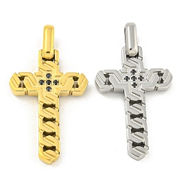 Ion Plating(IP) 304 Stainless Steel Pendants, with Jet Rhinestone, Cross Charm