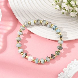 Natural Larimar Rondelle Beaded Stretch Bracelets with Natural Pearl
