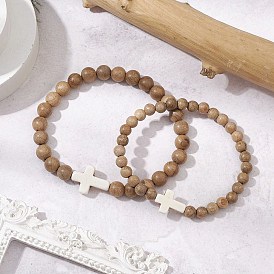 Wood Beas Stretch Bracelets for Couple, with Synthetic Turquoise, Cross