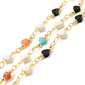 Natural Mixed Gemstone Heart Beaded Chains, with Gold Plated Brass Heart Link Chains with Enamel, Long-Lasting Plated, Soldered, with Spool, Cadmium Free & Lead Free