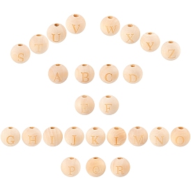 52 шт 26 стили необработанные натуральные деревянные европейские бусины, бусины с большим отверстием, лазерная гравировка, круглый со словом